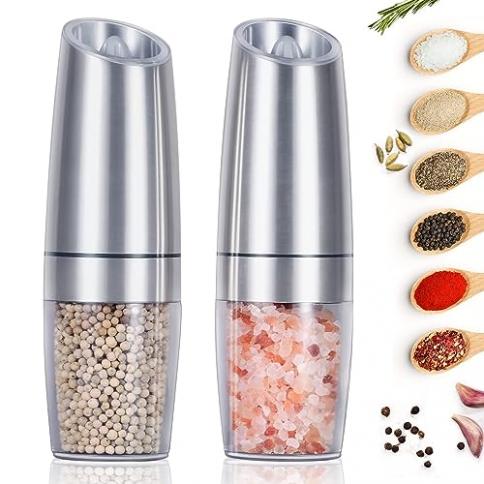 Gravity Electric Pepper and Salt Grinder Set, Adjustable Coarseness,  Battery Powered with LED Light, One Hand Automatic Operation, Stainless  Steel