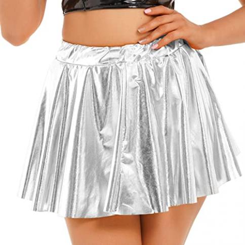 Minifalda cruzada metálica plateada brillante para mujer, holográfica,  dobladillo fruncido, falda corta plisada para fiesta y discoteca