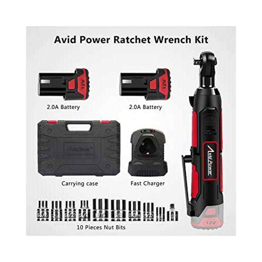 AVID POWER Cordless Electric Ratchet Wrench, 3/8 50N.m (37 Ft-lbs) 12V  Power Ratchet Wrench Kit w/Two 2.0Ah Batteries, 1-Hour Fast Charger,  Variable