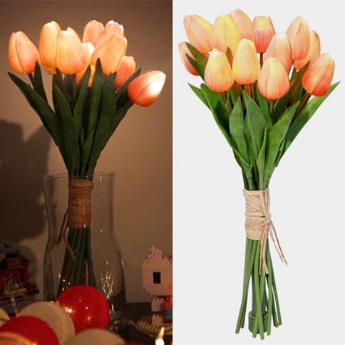 Minidiva 12 Piezas Tulipanes Flores Artificiales con Luz LED, Ramo Falso de  Tacto Real para Decoración