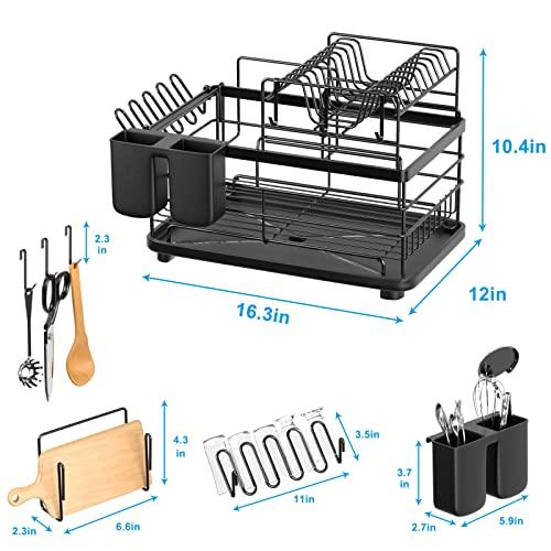 Aonee Dish Drying Rack, 2 Tier 9 Pcs Dish Rack with Drainboard, Cutlery  Holder, Cutting-Board Holder, Cup Holder and 3 Hooks, Large Dish Racks for  Kitchen Counter, Rust-Proof Dish Drainer, Black – Markhor