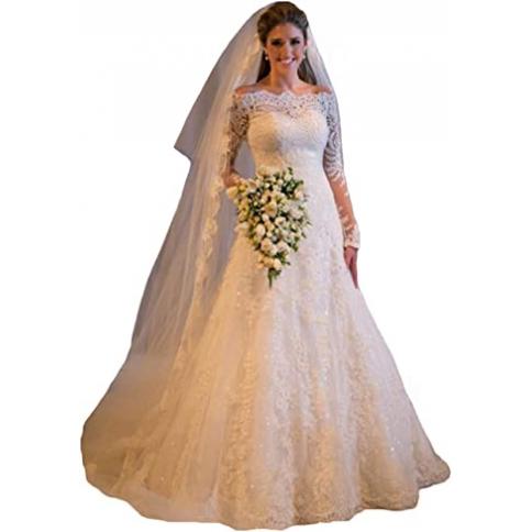 TsBridal Vestido de novia de encaje de manga larga con cuello de barco  Entrega a toda Costa Rica