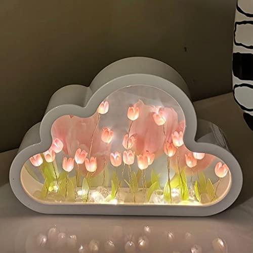 Luz de noche de tulipán DIY, luz de noche de espejo de tulipán de nube,  lámpara de mesa para dormir de dormitorio de flores de simulación,  decoración de espejo para el hogar