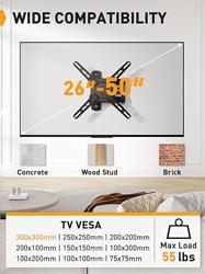 Perlegear Full Motion TV Wall Mount for Most 26–50 Inch TVs, Max VESA 300 x 300mm, TV Monitor Wall Mount Bracket with Rotation, Swivel, Tilt, Extension and Leveling Adjustment, Holds up to 55 lbs - Tamaño for 26-50 inch TVs