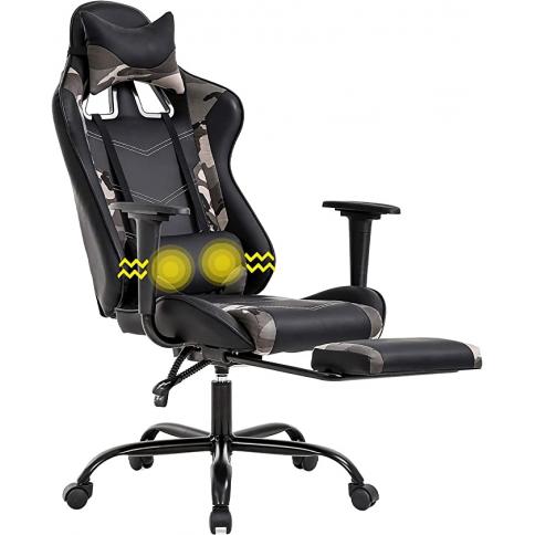  Silla de juegos de PC con respaldo alto, silla de oficina  ergonómica con brazos de apoyo lumbar, reposacabezas de masaje de piel  sintética, silla de computadora giratoria ajustable para adultos y