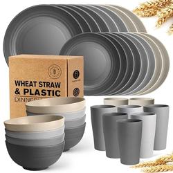 Teivio 32-Piece Kitchen Plastic Wheat Straw Dinnerware Set, Service for 8, Dinner Plates, Dessert Plate, Cereal Bowls, Cups, Unbreakable Colorful Plastic Outdoor Camping Dishes, Gray Stone - Color Gray Stone