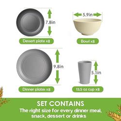 Teivio 32-Piece Kitchen Plastic Wheat Straw Dinnerware Set, Service for 8, Dinner Plates, Dessert Plate, Cereal Bowls, Cups, Unbreakable Colorful Plastic Outdoor Camping Dishes, Gray Stone - Color Gray Stone