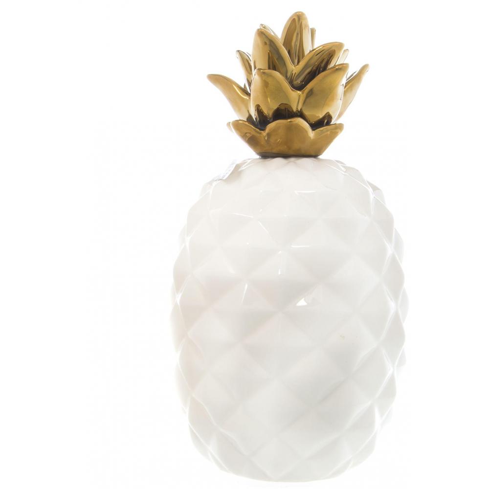 Piña Decorativa Con Corona Dorada De Cerámica, 9 Pulgadas De Alto