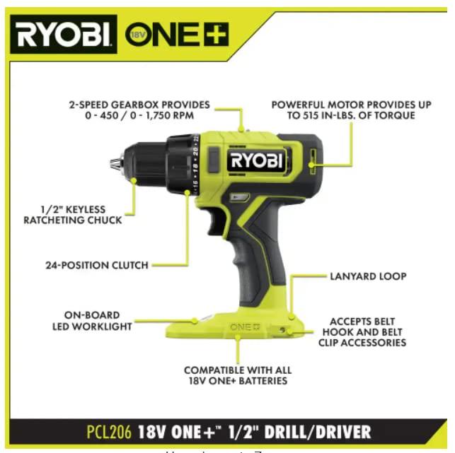 Ryobi ONE+ 18V Cordless 1/2 in. Drill/Driver Kit with (2) 1.5 Ah