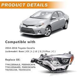 Headlights Assembly Compatible with 2014 2015 2016 Toyota Corolla Projector Headlamp Driver  Passenger Side, Chrome Housing Amber