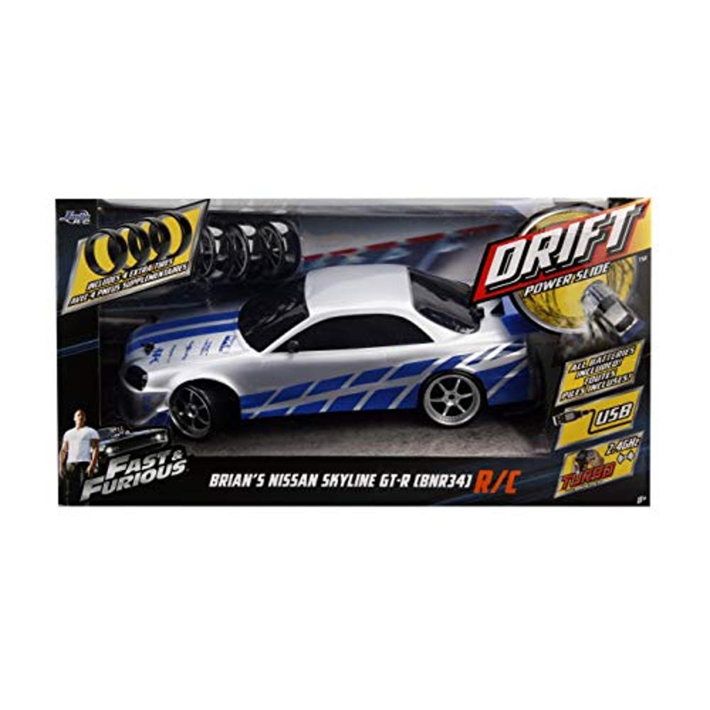  Jada Toys Fast & Furious Brian's Nissan Skyline GT-R (BN34)  Drift Power Slide RC Radio Remote Control Toy Race Car with Extra Tires,  1:10 Scale, Silver/Blue (99701) : Toys & Games