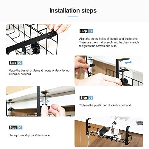 Under Desk Cable Management Tray, Upgraded Long Clamp, Inward Or Outward,  Cord Organizer for Desk, Desk Wire Management,Under Table Cable Management