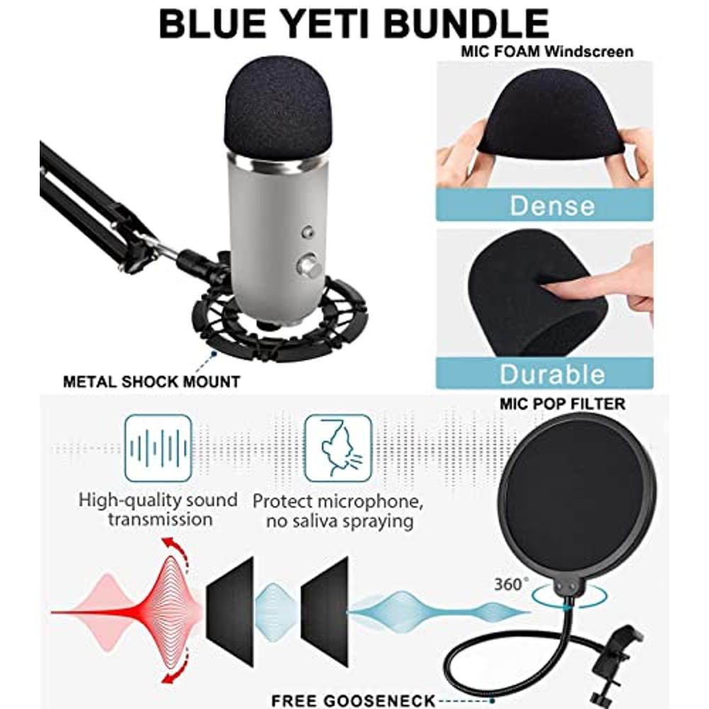 Blue Yeti Microphone Stand with Foam Cover - Suspension Boom Scissor Arm  Stand and Mic Windscreen Pop Filter Compatible with Blue Yeti Microphone by