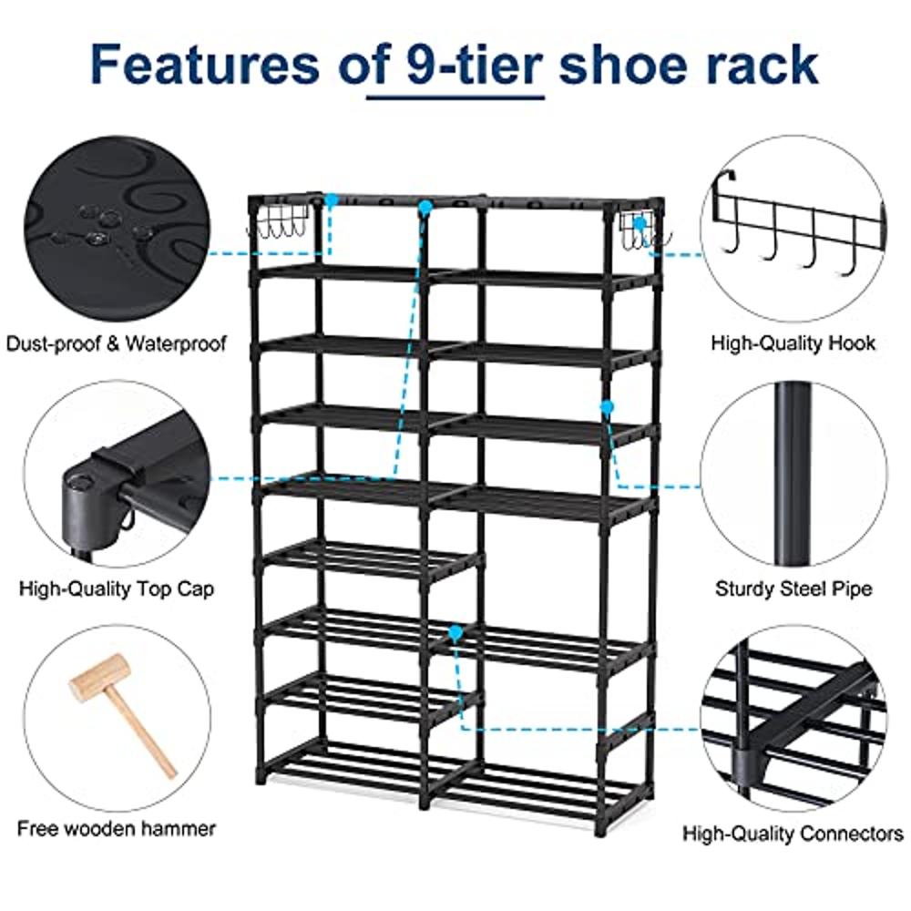 Shoe Rack Organizer,32-40 Pairs Shoe Storage Shelf,9 Tiers Shoe  Stand,ShoeRack for Closet,Boot Organizer with 2 Hooks,Stackable Shoe Tower