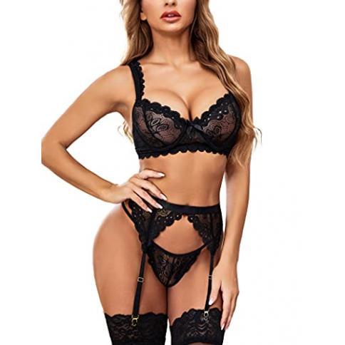 Avidlove Womens Sexy Lingerie Set with Garter Belt 3 Piece Sexy Lace Push  Up Lingerie with Underwire Black L : Precio Guatemala