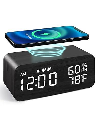 JALL Wooden Digital Alarm Clock with Wireless Charging, Dimmable
