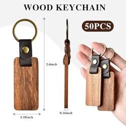 Supkiir 50Pcs Leather Keychain Blanks, Wooden Keychain with Leather Strap, Unfinished Wood Engravable Blank Key Chain for Laser Engraving DIY Various Key Tags Craft Gift