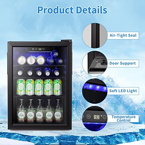 Auseo 2.6 Cu.ft Beverage Refrigerator Cooler, 100 Can Mini Fridge with  Glass Door for Soda, Beer or Wine for Bar/Office/Home