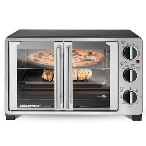 Elite Gourmet ETO2530M New Double French Door Toaster Oven Fits 12 inch Pizza, Stainless Steel