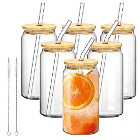 Glass Cups with Bamboo Lids and Glass Straw 6Pcs Set - Beer Can Shaped  Drinking