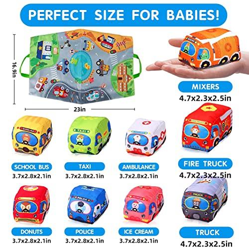  ALASOU 9 piezas de juguetes suaves para automóvil con tapete de  juego/bolsa de almacenamiento, regalos de primer cumpleaños para niños de 1  a 2 años, juguetes de bebé para niños de