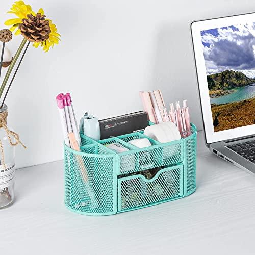 POPRUN Green Desk Organzier for Women, Mesh Office Supplies Cute Stationary  Organization Office Accessories Essentials Caddy with Drawer for Home 