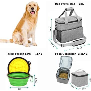 Bolsa de viaje para perros, equipaje para perros con 2 cuencos plegables de  alimentación lenta, 2 contenedores de almacenamiento de alimentos,  organizador de suministros para mascotas para perros grandes, cachorros (21  L