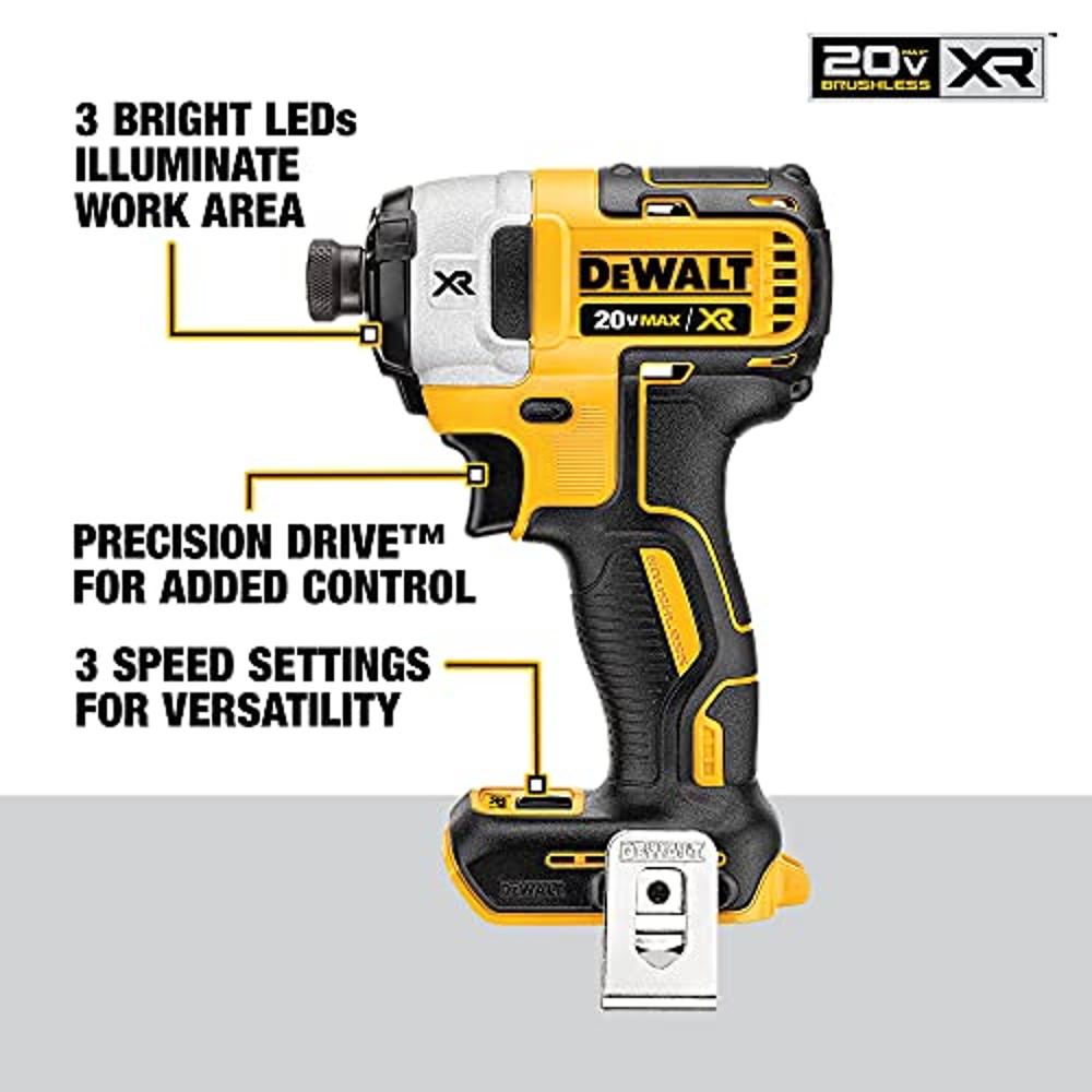 DEWALT - Kit de atornillador de impacto 20V MAX XR, sin escobillas, 3  velocidades, 1/4 pulgadas, 2.0 Ah (DCF887D2) con luz de trabajo DEWALT  12V/20V