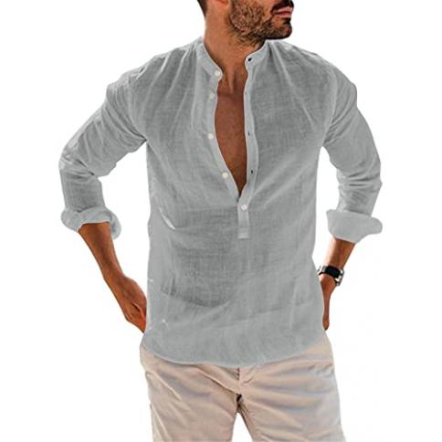 Mens Casual Loose Long Sleeve Shirt Summer Button Cotton Linen Pocket Tops  Beach