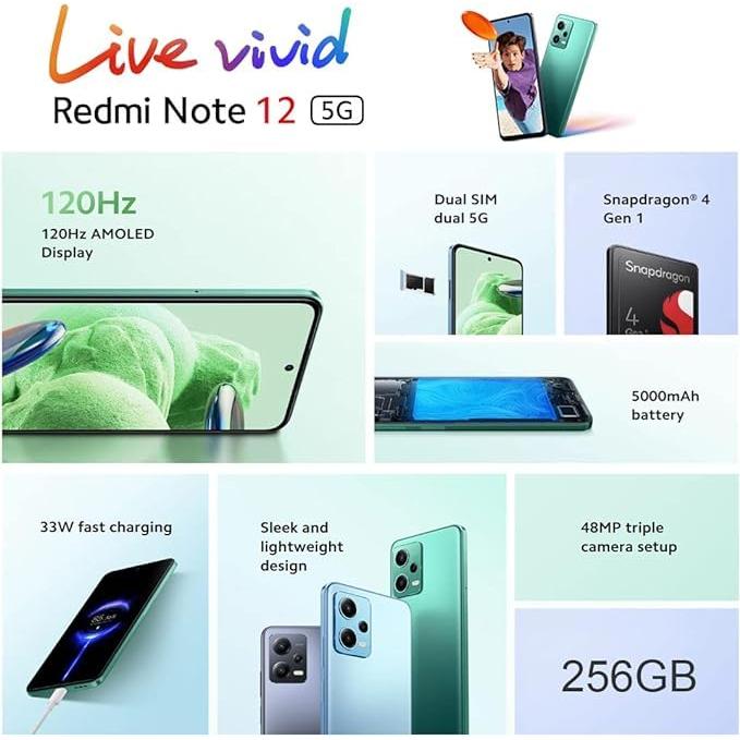  Xiaomi Redmi Note 12 5G (256 GB + 8 GB) Cámara triple  desbloqueada global de 6.67 pulgadas de 48 MP (Tmobile Tello Mint USA  Market) + extra (con paquete de cargador