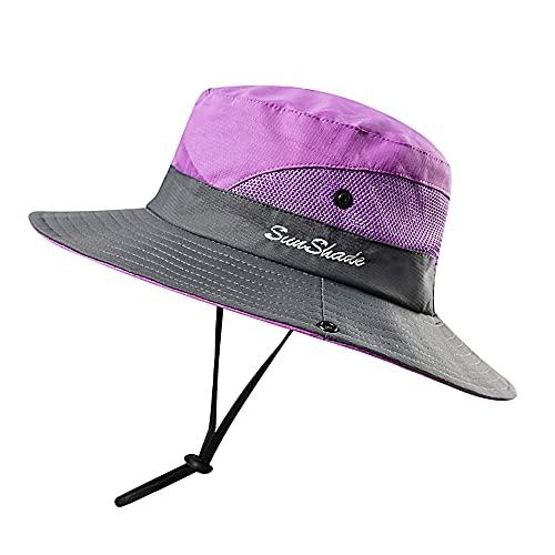 Sombreros para el sol plegables con protección UV para exteriores para  mujer Sombrero de pesca de playa de ala ancha de malla con orificio para  cola de caballo - Talla única 