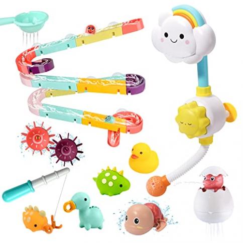 Juguetes de baño para niños pequeños de 1 a 3 años, juego interactivo de  juguete para bañera para bebé con rieles de pared, juguetes de rueda de  agua
