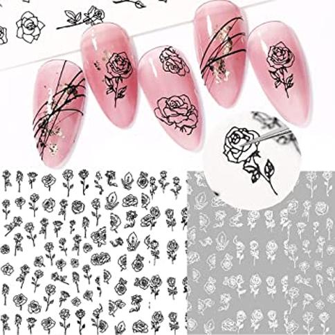 Calcomanías de uñas de flores, autoadhesivas 3D, pegatinas de uñas de rosas  blancas y negras, diseño