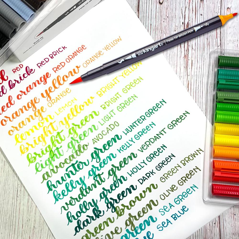 Kingart Dual Tip Brush Pens, Set of 24 Unique Colors