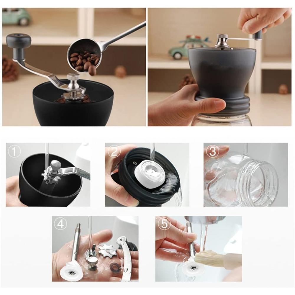 Molinillo de café manual con 2 tarros de vidrio (11 onzas cada uno),  molinillo de café de grano de mano con rebabas de cerámica, molinillo de  café de