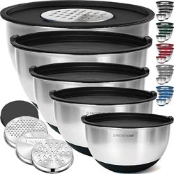 Priority Chef Stainless Steel Mixing Bowls with Lids Set, 3 Grater Attachments, Airtight Lids, Non-Slip Silicone Base Mixing Bowl Set, Large Prep Metal Mixing Bowls for Kitchen, Black - Color Black