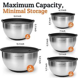 Priority Chef Stainless Steel Mixing Bowls with Lids Set, 3 Grater Attachments, Airtight Lids, Non-Slip Silicone Base Mixing Bowl Set, Large Prep Metal Mixing Bowls for Kitchen, Black - Color Black