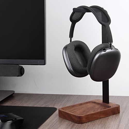 Headphone Stand, Walnut Wood & Aluminum Headset Stand, Nature Walnut Gaming Headset Holder with Solid Heavy Base for All Headphone Sizes (Black)