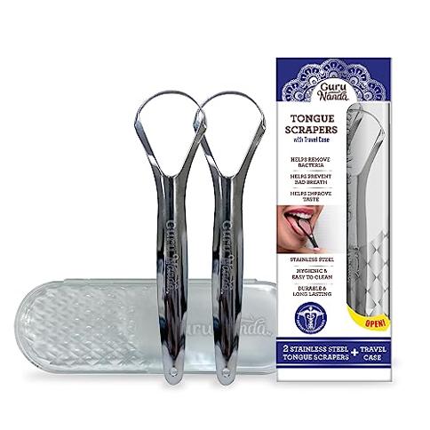 Tongue Scraper (2 Pack), Stainless Steel Tongue Cleaners, Reduce Bad Breath  (Travel Cases Included), 100% Metal Tongue Scrapers for Adults and Kids