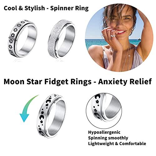 Paffartt 8 anillos para la ansiedad para mujeres y hombres, anillo  giratorio de acero inoxidable, anillo para la ansiedad, luna y estrella,  flor