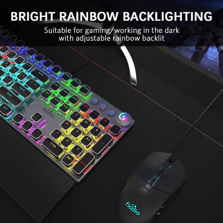 Fiodio Mechanical Gaming Keyboard, LED Rainbow Gaming Backlit, 104 Anti