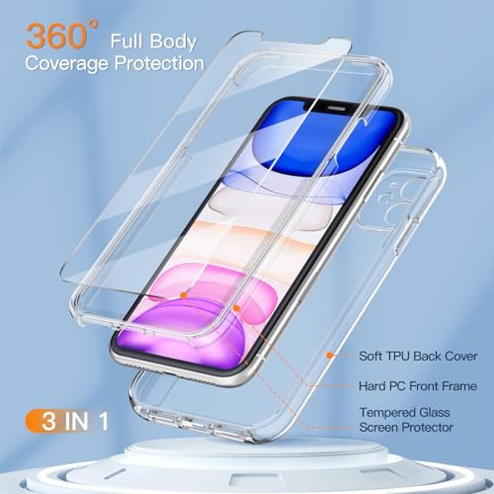 Compatible with iPhone 11 Case, and [2 x Tempered Glass Screen Protector]  for Clear 360 Full Body Coverage Hard PC+Soft Silicone TPU 3in1 Shockproof  Protective Phone Cover 