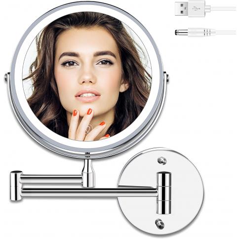 AMZTOLIFE Espejo de maquillaje iluminado montado en la pared recargable,  espejo de tocador extensible de doble