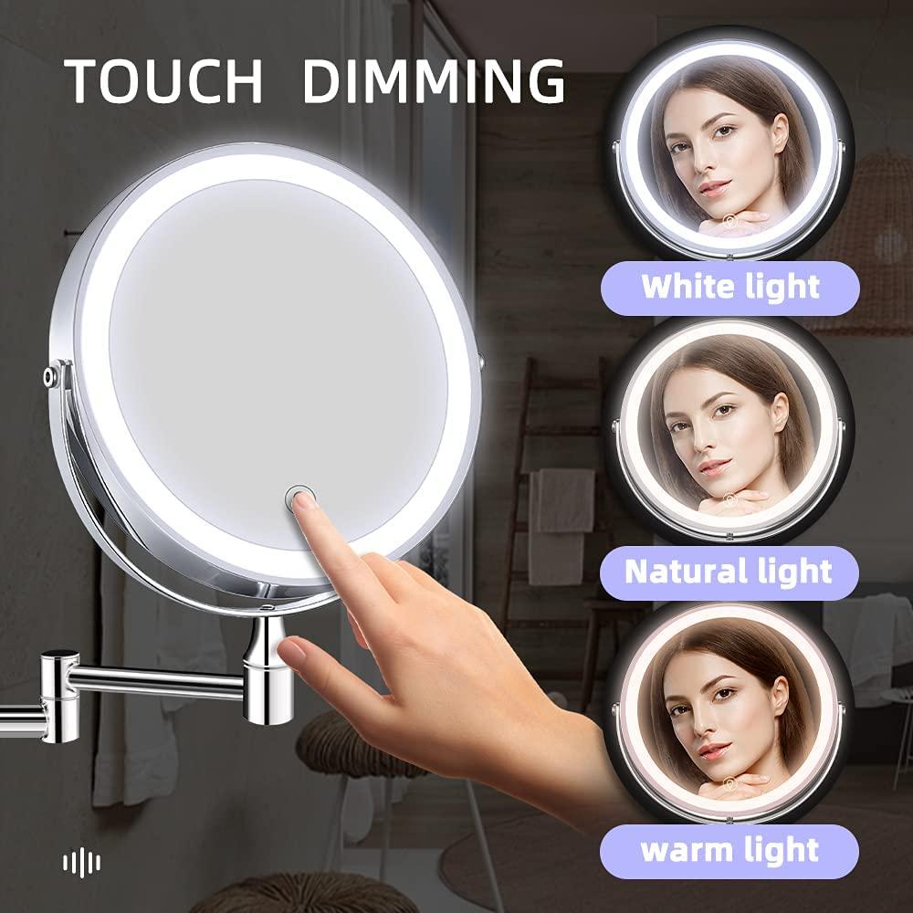 Espejo de maquillaje montado en la pared 10x, 8 pulgadas, espejo  de aumento de tocador de baño de doble cara, espejo de aumento con botón  táctil iluminado LED, espejos cosméticos 