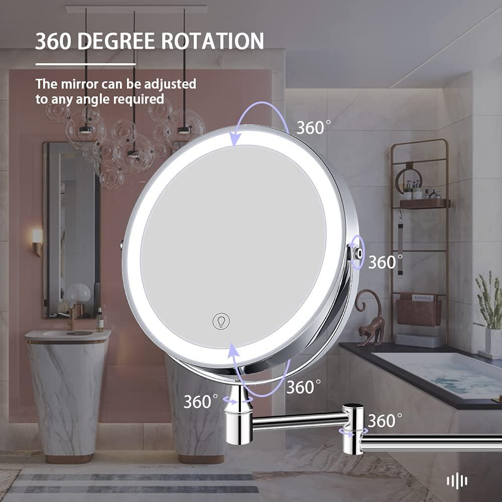  Espejo de baño para uso doméstico, aumento 3X/5X, rotación de  360 grados, brazo extensible, redondo, ligero, espejo de maquillaje montado  en la pared para baño y hotel (color plateado, tamaño: 3X) 