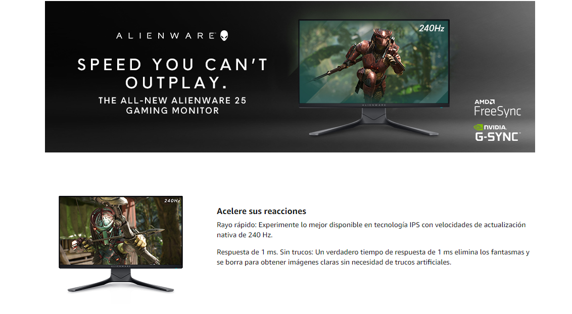  Alienware Monitor para juegos de 240Hz 24.5 pulgadas Full HD  con tecnología IPS, gris oscuro, lado oscuro de la luna, AW2521HF :  Electrónica